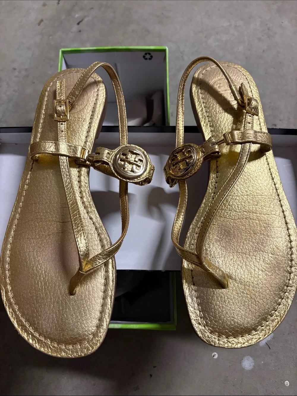 Tory Burch Metallic Gold Leather Logo Thong Sandals